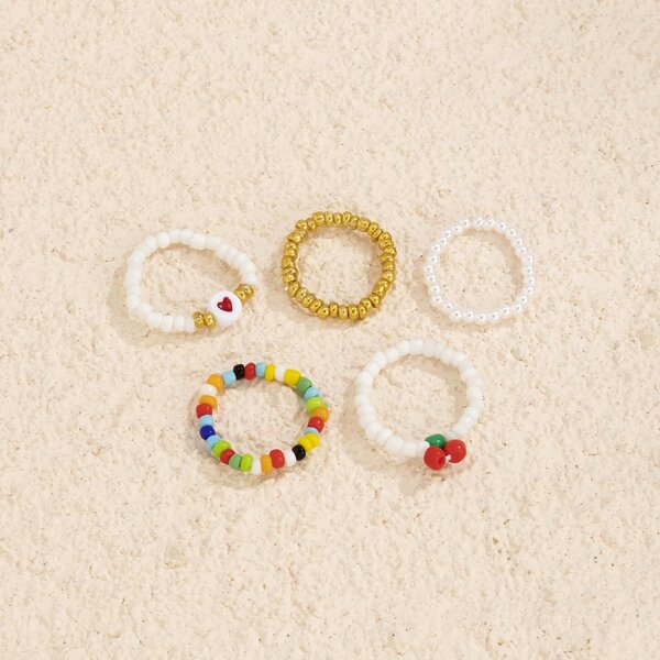 

5pcs Heart Decor Beaded Ring, Multicolor