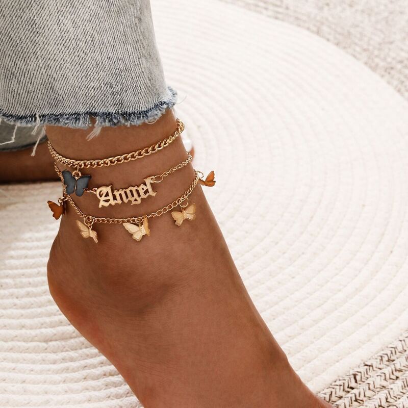 

3pcs Butterfly & Letter Decor Anklet, Gold