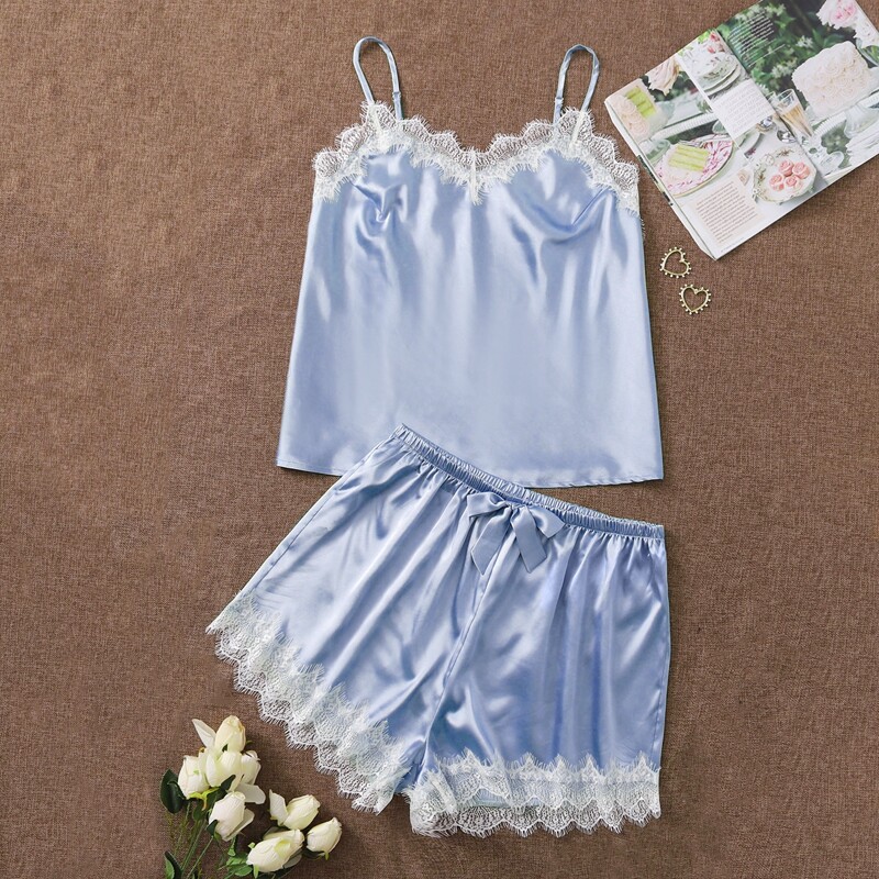 

Plus Satin Contrast Lace Pajama Set, Baby blue