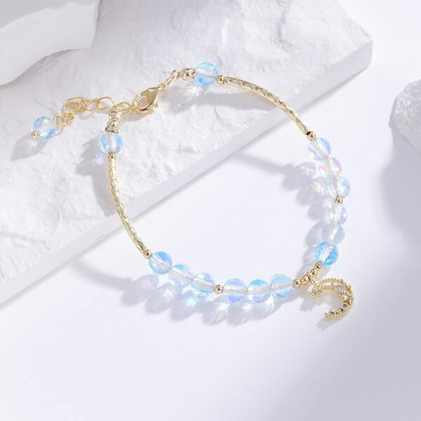 

Moon Charm Beaded Bracelet, Baby blue