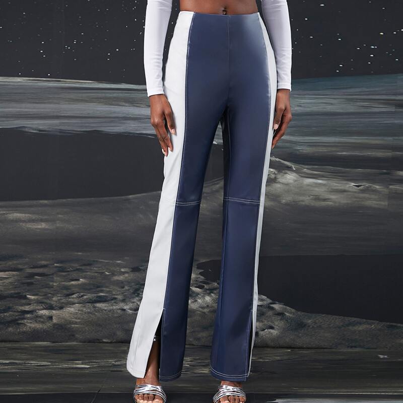 

Two Tone Split Hem Pants, Blue and white