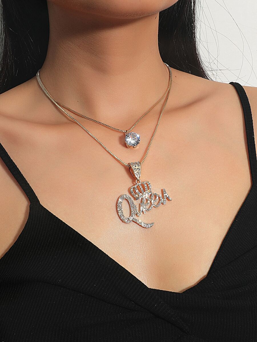 Vòng cổ xếp lớp Rhinestone Crown & Letter Charm - Vàng - Xem 1