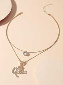 Vòng cổ xếp lớp Rhinestone Crown & Letter Charm - Vàng - Xem 2
