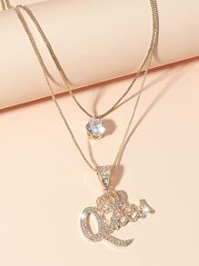 Vòng cổ xếp lớp Rhinestone Crown & Letter Charm - Vàng - Xem 3