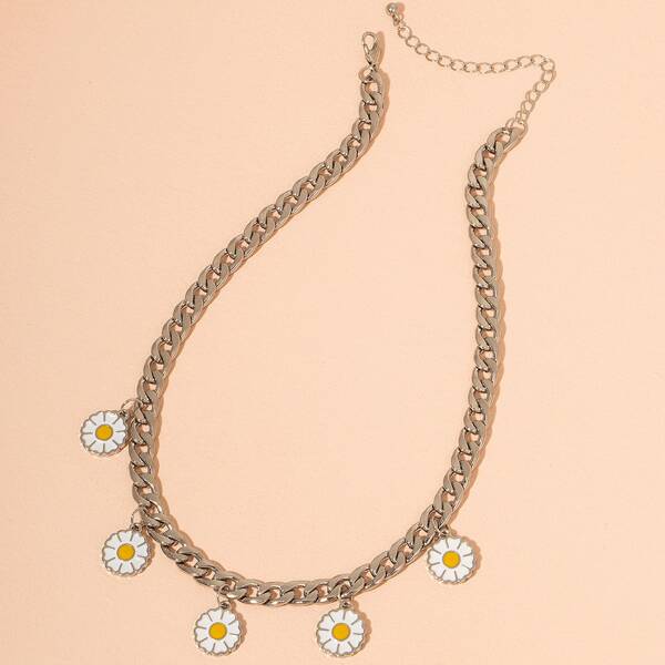 

Flower Charm Chain Necklace, Silver