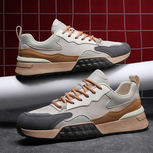 

Men Colorblock Lace-up Front Mesh Panel Sneakers, Beige