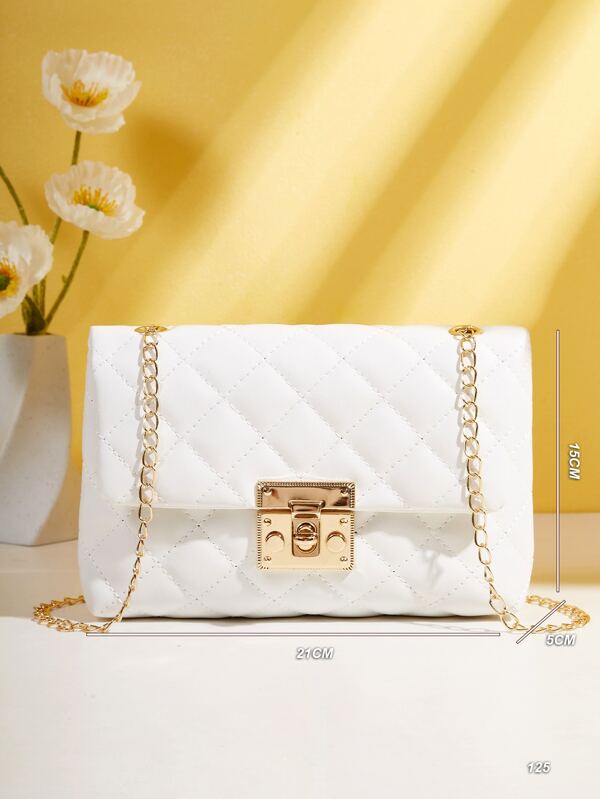 Quilted Twist Lock Flap Square Bag, Chain Strap Crossbody Bag, Women's