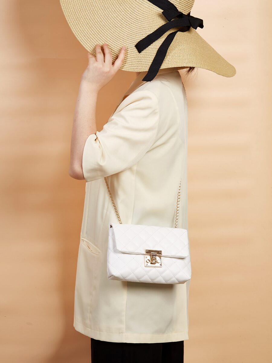 Quilted Twist Lock Flap Square Bag, Chain Strap Crossbody Bag, Women's