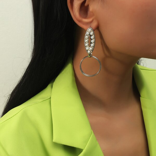 

Faux Pearl Decor Round Drop Earrings, Silver