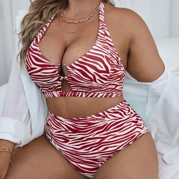 

Plus Zebra Stripe Ring Linked Bikini Swimsuit, Red
