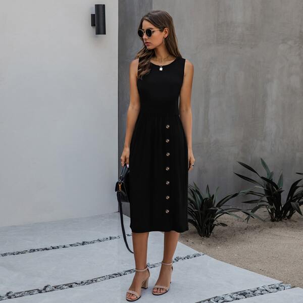 

Solid Button Pocket Side A-line Dress, Black