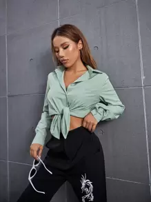 SHEIN Essnce Camisa unicolor con botón delantero - Verde Oscuro - Ver 1