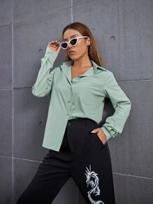 SHEIN Essnce Camisa unicolor con botón delantero - Verde Oscuro - Ver 3