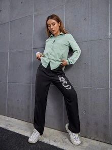 SHEIN Essnce Camisa unicolor con botón delantero - Verde Oscuro - Ver 6