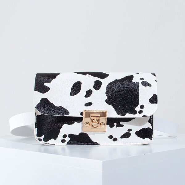

Twist Lock Cow Print Belt Bag, Black and white