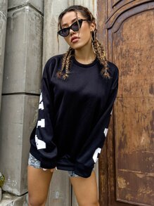 SHEIN Unity Sudadera con estampado de slogan de hombros caídos - Negro - Ver 5