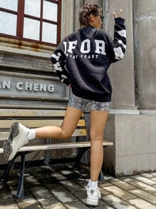 SHEIN Unity Sudadera con estampado de slogan de hombros caídos - Negro - Ver 6