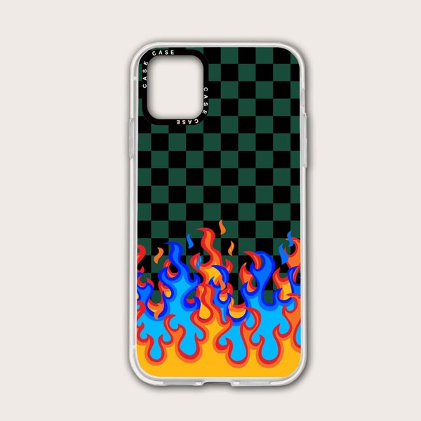 

Checkered & Fire Pattern Phone Case, Green