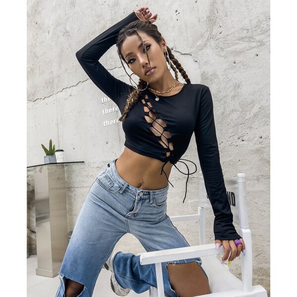 

Lace Up Tie Front Tee, Black