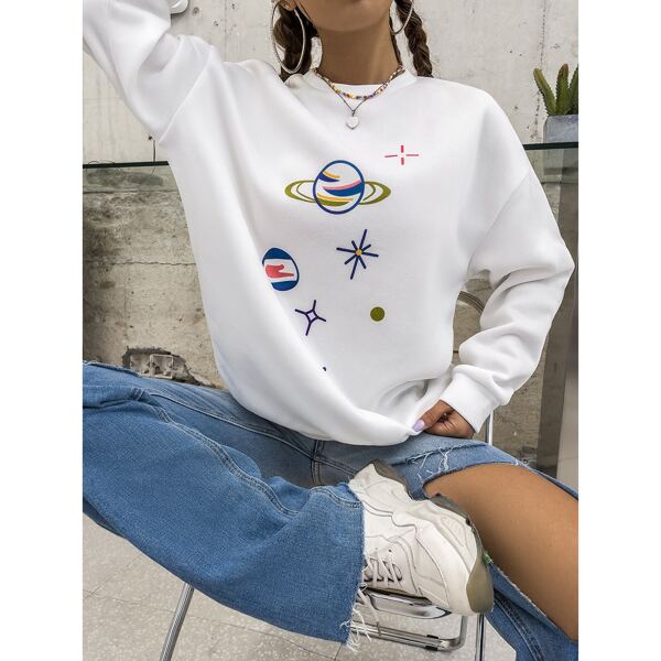 

Graphic Print Drop Sleeve Sweatshirt, White