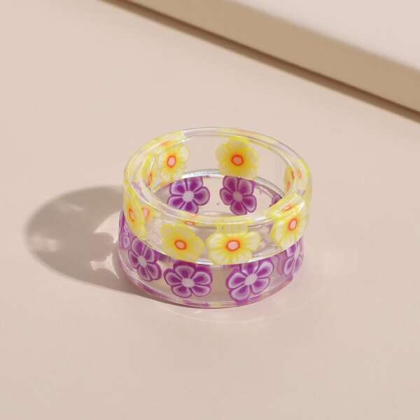 

2pcs Flower Print Ring, Multicolor