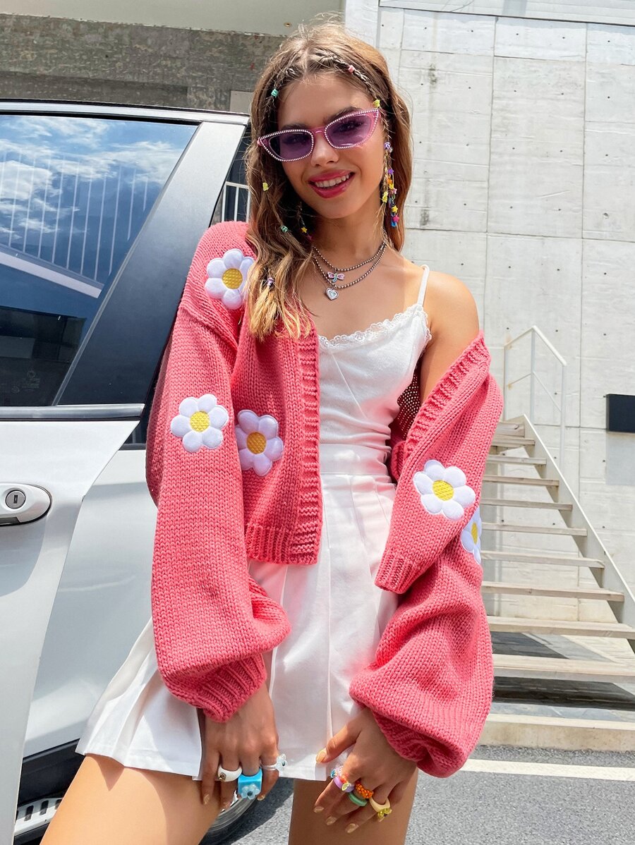 SHEIN Unity Áo len Mở Hoa Giải trí - Màu Hồng  Dưa hấu - Xem 1