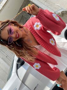 SHEIN Unity Áo len Mở Hoa Giải trí - Màu Hồng  Dưa hấu - Xem 3