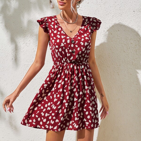 

Allover Print Ruffle Armhole Button Front Dress, Multicolor
