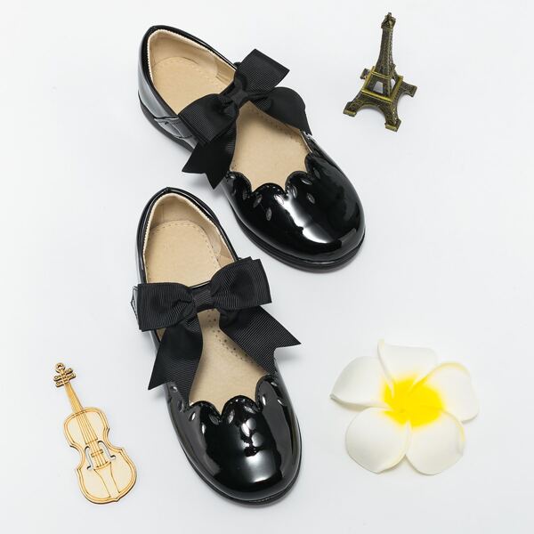 

Girls Bow Decor Scallop Trim Flats, Black