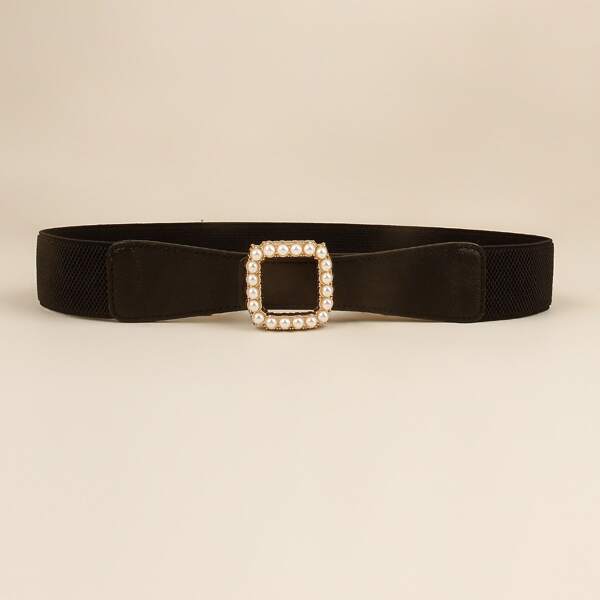

Faux Pearl Decor Buckle Belt, Black