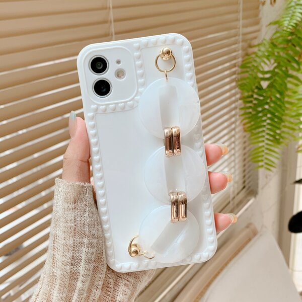 

Solid Phone Case With Button Decor Hand Strap, White