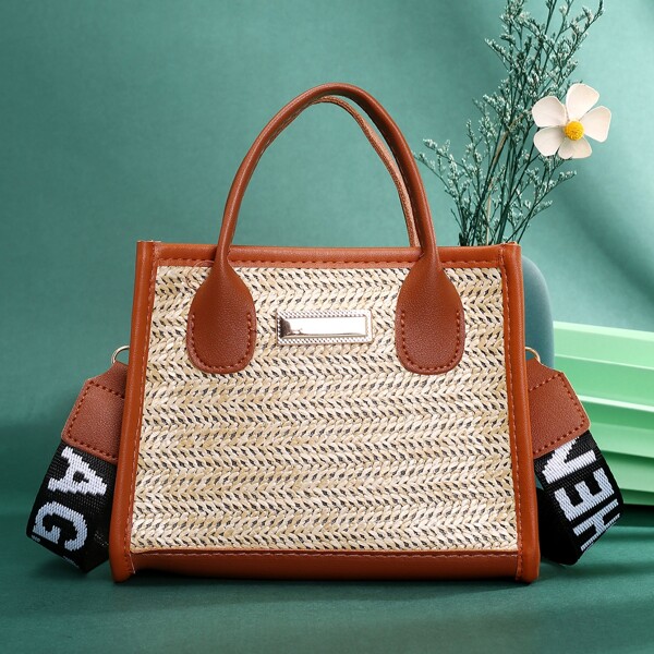 

Straw Satchel Bag, Apricot