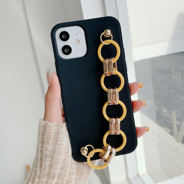 

Solid Phone Case With Ring Decor Hand Strap, Black