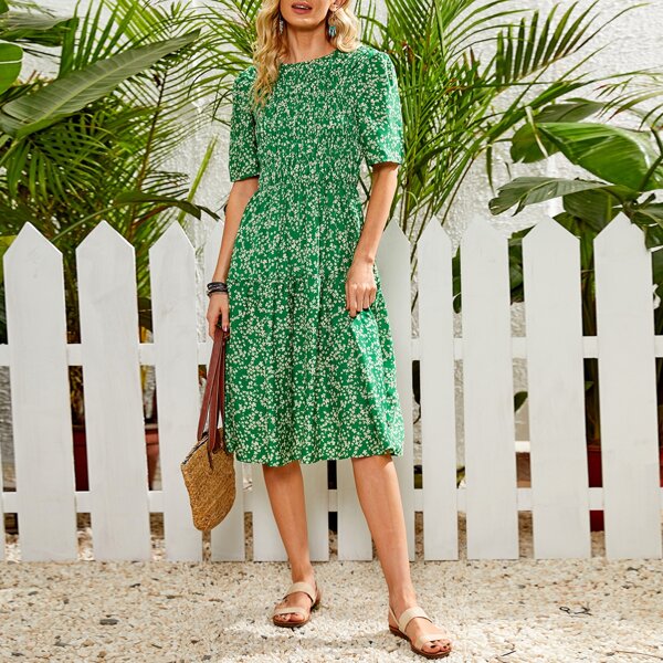 

Ditsy Floral Print Frill Flared Hem Dress, Green