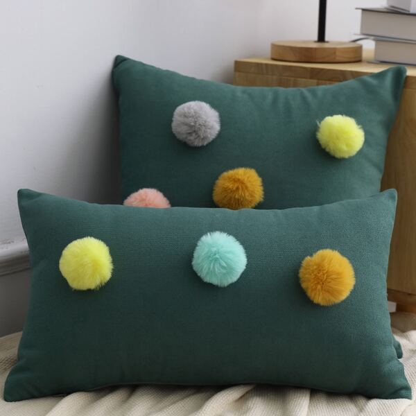 

1pc Pom Pom Decor Cushion Cover Without Filler, Dark green