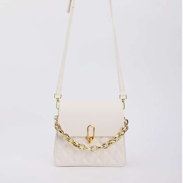 

Quilted Flap Chain Satchel Bag, Beige