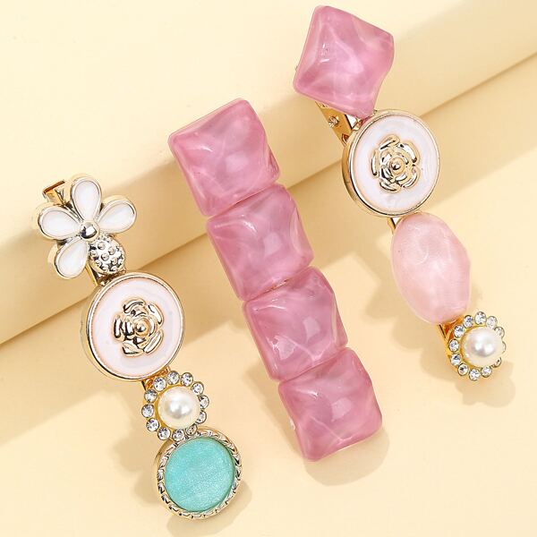 

3pcs Faux Pearl Detail Hair Clip, Multicolor