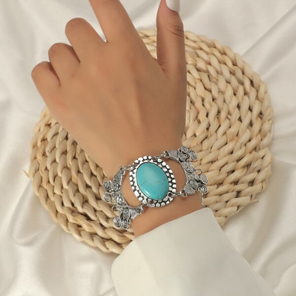 

Turquoise & Flower Decor Bracelet, Silver