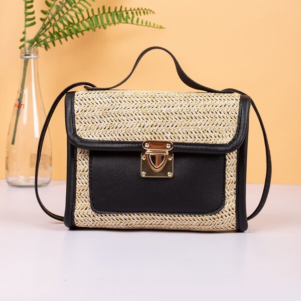 

Straw Panel Push Lock Flap Satchel Bag, Beige