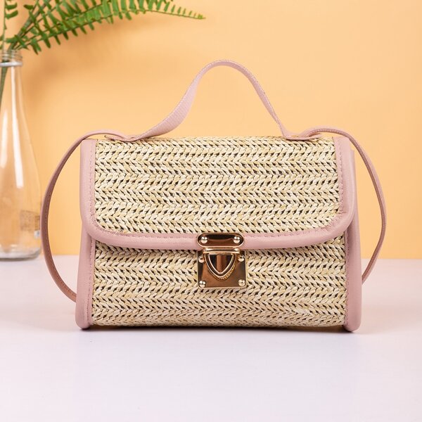 

Push Lock Flap Straw Satchel Bag, Beige