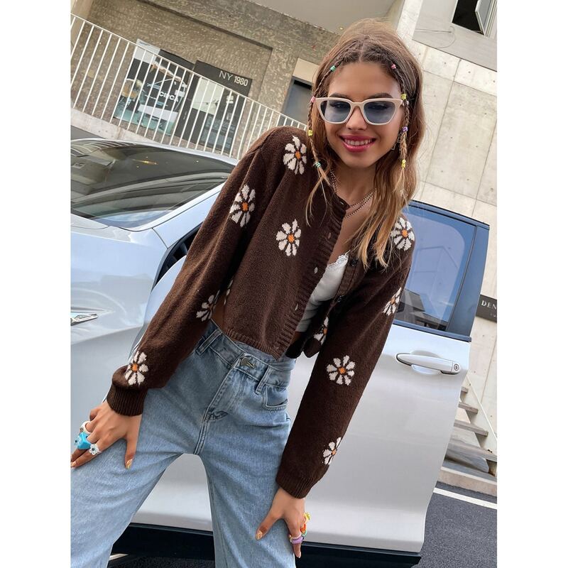 

Floral Pattern Button Up Cardigan, Chocolate brown