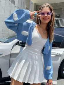 SHEIN Unity Clouds Pattern Drop Shoulder Crop Cardigan - Blue - View 1