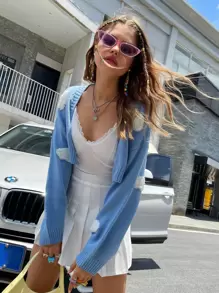 SHEIN Unity Clouds Pattern Drop Shoulder Crop Cardigan - Blue - View 5