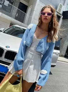 SHEIN Unity Clouds Pattern Drop Shoulder Crop Cardigan - Blue - View 6