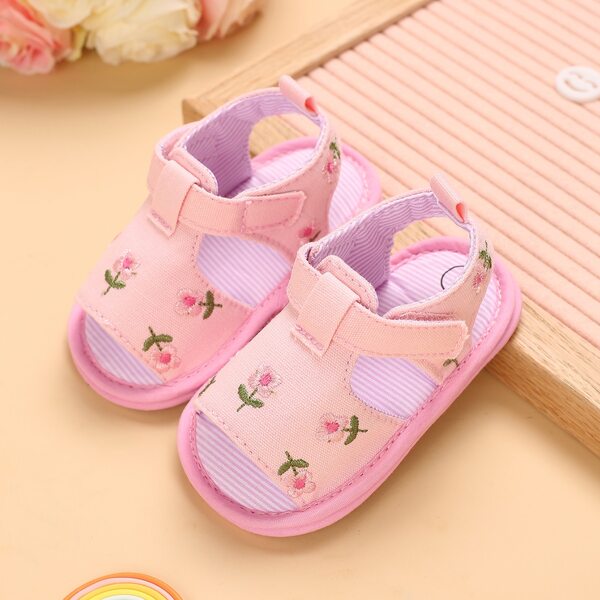 

Baby Girl Floral Embroidery Velcro Strap Sandals, Pink