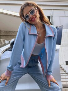 撞色開襟開襟衫 - 淺藍色 - 查看 1