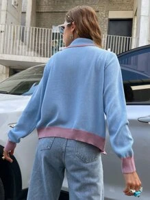 撞色開襟開襟衫 - 淺藍色 - 查看 2