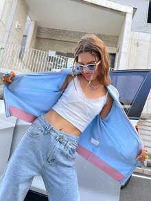 撞色開襟開襟衫 - 淺藍色 - 查看 5