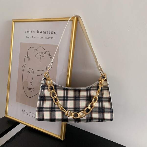 

Plaid Pattern Chain Shoulder Bag, Black