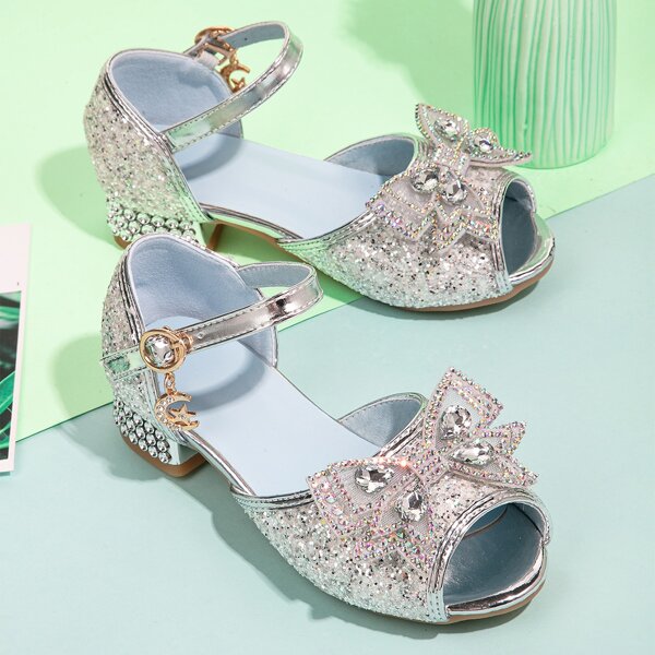 

Girls Glitter & Bow Decor Ankle Strap Sandals, Silver